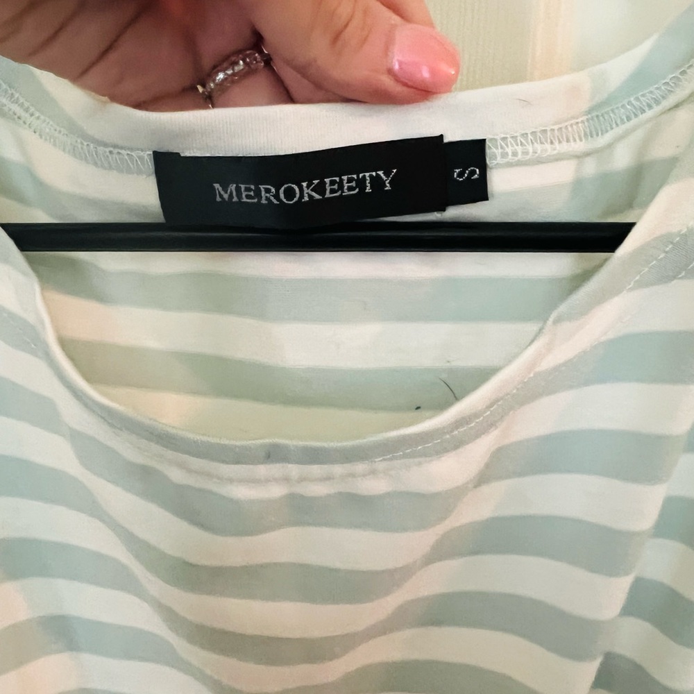 Light Striped Seafoam and White Dress with Tie - Picture 3 of 3